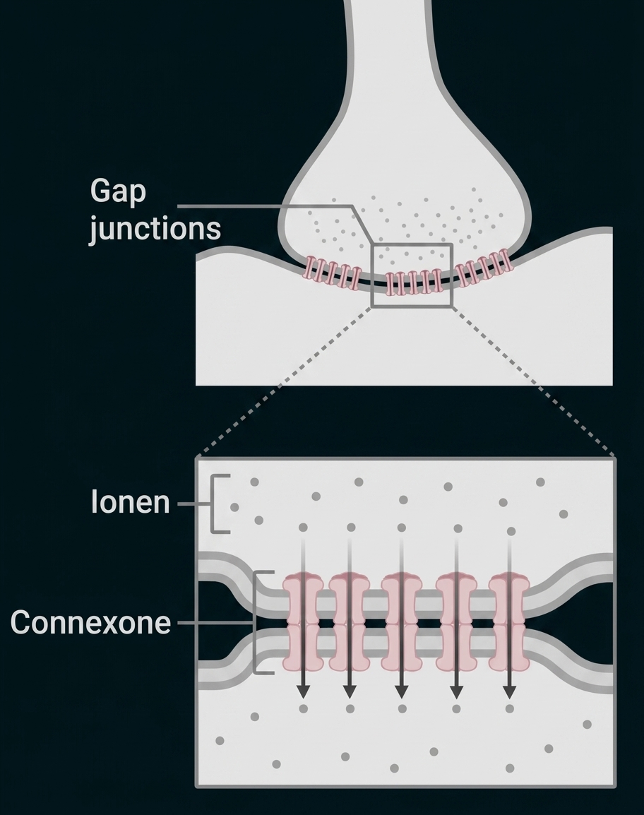 Schematische Darstellung von Gap-Junctions (Connexonen) zwischen Zellen mit darstelltem Ionenfluss.